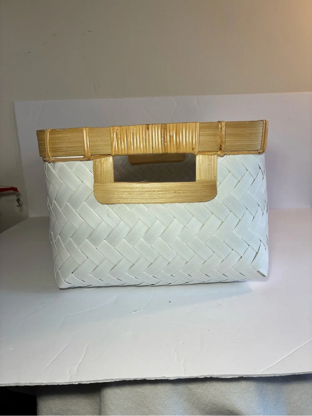 White Woven Plastic Basket with Bamboo Trim